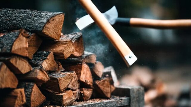 An axe swings towards a pile of wood, creating wood chips and dust in the air