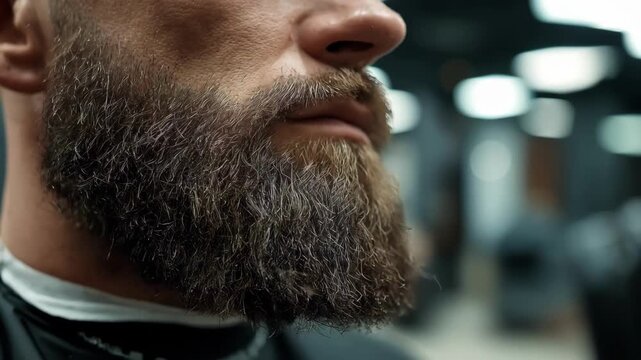 Closeup of a trimmer outlining a groomed short scruff beard the stylists steady hand in focus while the surrounding salon fades softly.