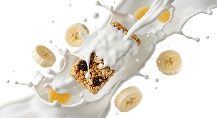Obraz premium Cereal bar, banana slices, and yellow fruit pieces splash into creamy white liquid, creating dynamic movement and droplets against a clean, bright backdrop.