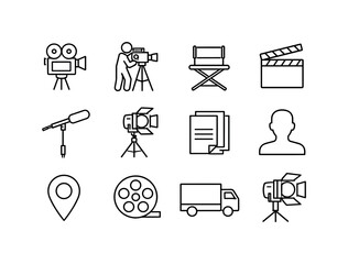 Film Crew Icon Set. Film crew on location. Line icon set of Film crew on location: film camera, camera operator, director chair, clapperboard, boom microphone,