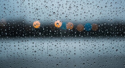 Raindrops covering a glass window pane with blurred amber and blue city lights in the background.