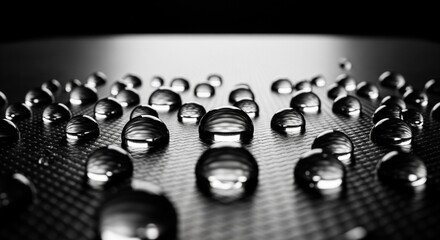 Perfectly spherical water droplets with bright highlights beading on a carbon fiber surface.