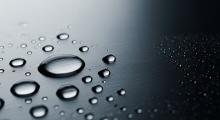 Clear water droplets beading on a dark gray, brushed aluminum surface with a shallow depth of field.