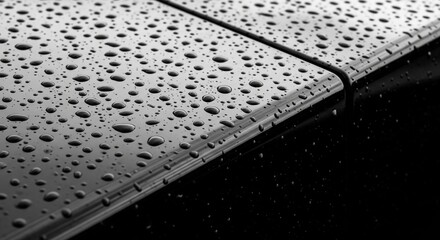 Small water droplets and rain drops beading on a high-gloss black ceramic surface.