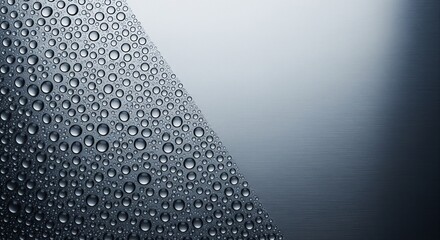 Water droplets beading systematically on a cool-toned brushed aluminum surface.