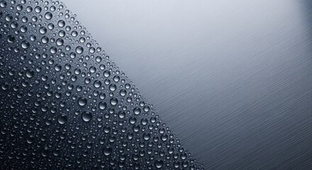 Clear water droplets beading diagonally across a cool-toned brushed metal surface.