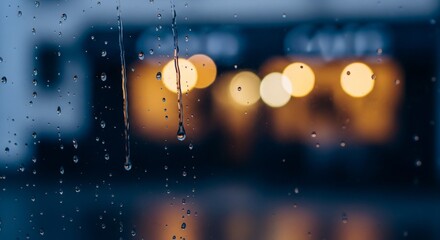 Close-up of raindrops running down a glass pane with bokeh lights in the background.