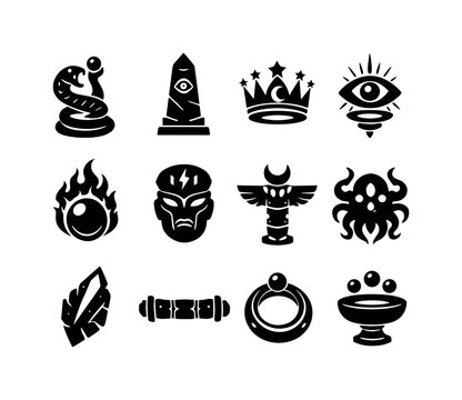Alien Lore Icons. Extraterrestrial myth & lore. Solid icon set of alien legends: cosmic serpent idol, guardian obelisk, stellar crown, floating eye relic,