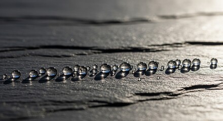 A line of clear water beads casting long shadows on a dark, textured slate surface.