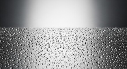 Spherical water droplets beading on a brushed metal surface with a blurred gradient background.
