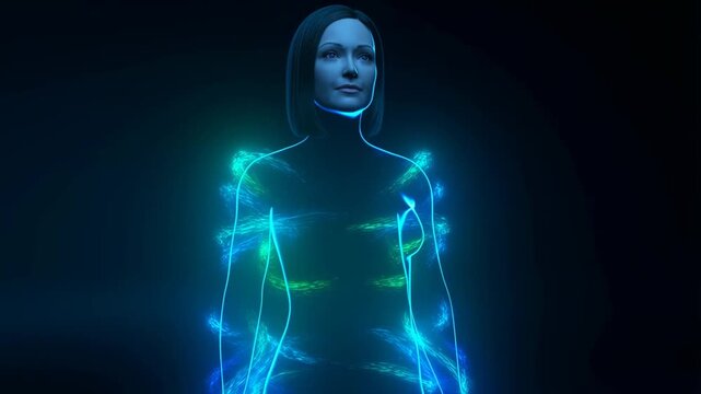 Futuristic energy flow glowing silhouette of a woman illustrating biohacking and anti-aging concept