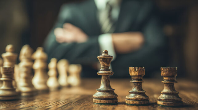 Strategic wooden chess pieces positioned on a table with a businessman in suit contemplating next move in blurred background for decision making concept
