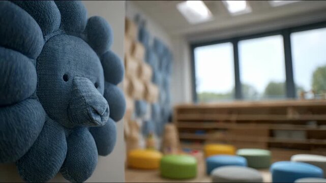Medium shot capturing a themed pediatric speech therapy room with animalshaped acoustic panels in sharp focus and scattered therapy materials gently blurred behind.