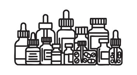 Fototapeta premium A collection of various medical bottles and dropper bottles arranged closely on a clean surface viewed from the front