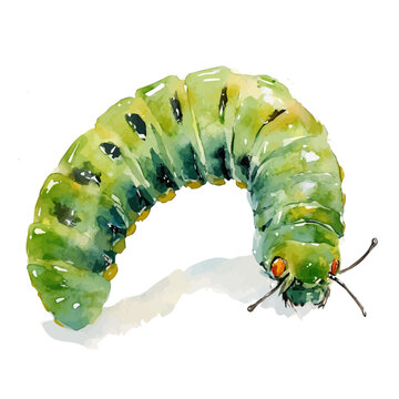 Caterpillar, watercolor clipart showing delicate textures and whimsical forms, isolated on a white background.