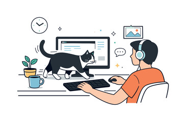 Obraz na płótnie Canvas Cat's Gentle Disruption. Pets in home environments. A cat walking across a desk while a person works on a computer, creating a gentle interruption in a modern