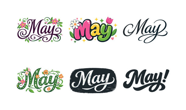 Colorful Lettering Variations. Floral May script. Set lettering. harmonious lettering variations of the same emblematic concept, each with different artistic