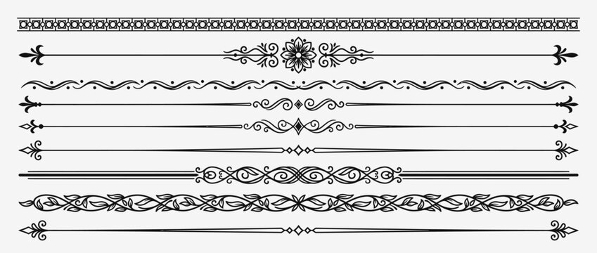 Collection of elegant black ornamental divider elements on a white background for decorative page design and typographic enhancements.