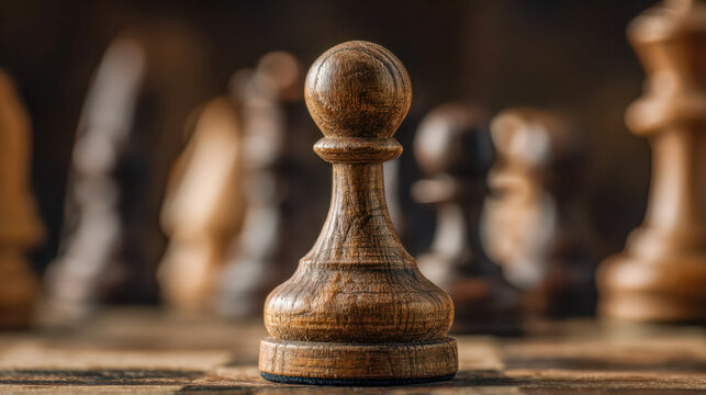 Wooden chess pawn positioned in focus with blurred classic chess pieces in the background evoking strategy and intellectual challenge on the board