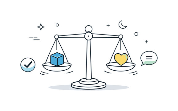 Balanced Judgment Illustration. Fair Decision Making. A calm editorial scene with abstract scales aligned symmetrically, floating gently in space to suggest