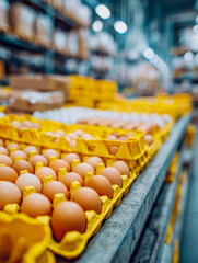 Rows of brown eggs neatly arranged in yellow trays inside a large warehouse or distribution center with shelves stacked in the background and bright overhead lightin