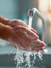 Fototapeta premium Person washing hands thoroughly with soap lather under running water from faucet promoting hygiene and cleanliness in a well-lit sink environment