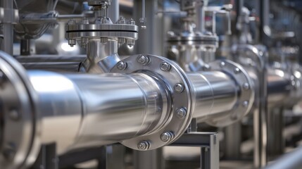 Fototapeta premium View of refinery pipelines and valves in a large industrial setting during daylight hours showcasing metallic structures and connections