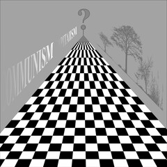 Abstract conceptual illustration of a perspective road leading to the horizon, symbolizing choice, uncertainty, and different paths of development.