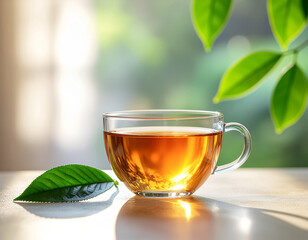 Cup of Tea with Green Leaves on Table.