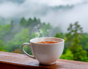 Steaming Cup of Coffee on Wooden Railing.