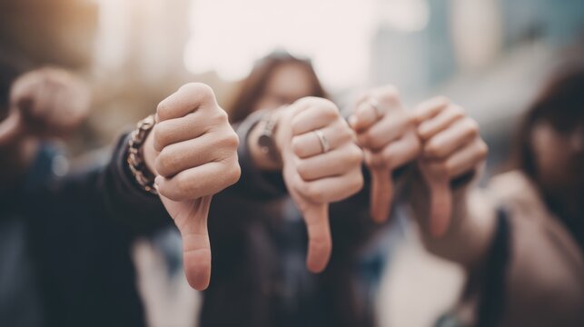 Group shows disapproval with thumbs down gesture in urban setting during the evening