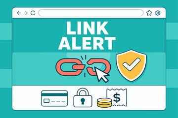 Broken link alert with security shield and financial icons on webpage notification