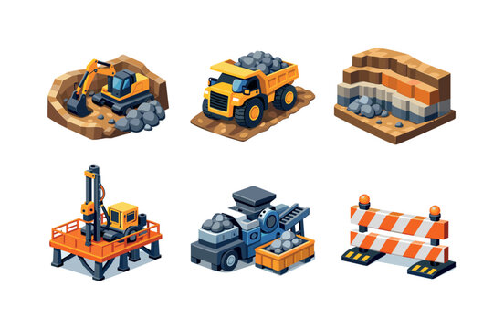Open Pit Mining Icons. Open Pit Mining. Isometric flat vector icons set of Open Pit Mining: excavator working in pit, massive mining truck uphill, terraced