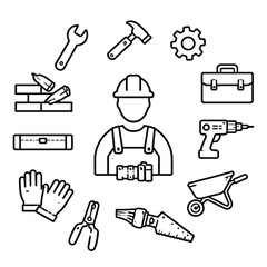 Fototapeta premium Construction worker tools and equipment icon set