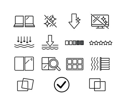 Matte vs Glossy Icons. Matte finish comparison. Line icon set of Matte finish comparison: matte vs glossy panel, reflection crossed symbol, shine reduction