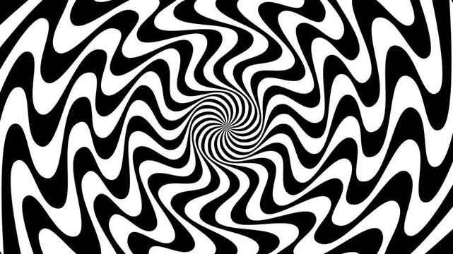 4k seamless looping spiral, optical illusion background set. Black and white striped pattern. Geometric tunnel hypnotic psychedelic BG.