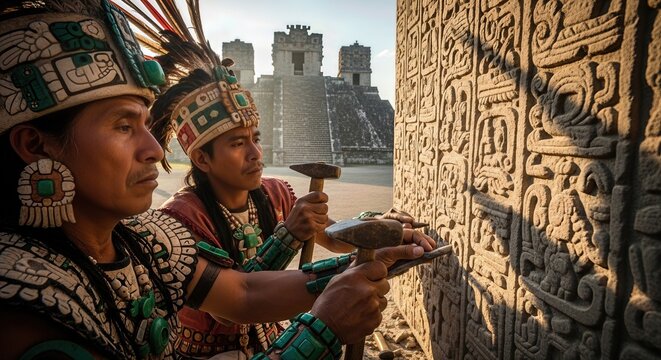Mesoamerican indigenous men carve ancient stone glyphs on a temple wall, preserving ancestral culture. They wear ceremonial feathered headdresses and precious jade jewelry, showcasing pride.