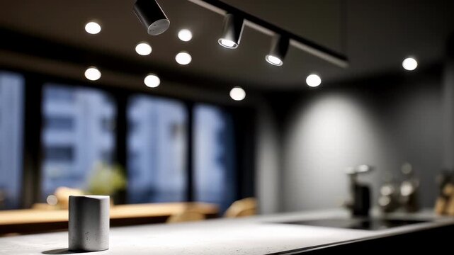 Close medium shot of sleek track lighting illuminating a minimalist kitchen counter the focused light drawing attention while the rest of the space fades into a gentle bokeh.