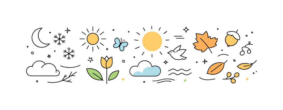 Seasonal Mood Transition. Emotional seasonal transition. Abstract shapes and symbols changing density and brightness to reflect shifting mood across seasons.