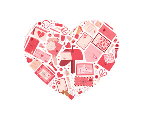 Flat heart mail letter icon with gift envelope, postcard and message. Valentine concept of love delivery. Romantic mail or valentine card for celebration, isolated icon for holiday correspondence.