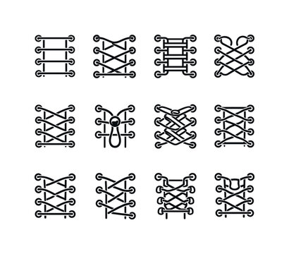 Shoe Lacing Icons. Shoe lacing styles. Line icon set of Shoe lacing styles: straight bar lacing, criss cross lacing, ladder lacing, loop back lacing, over