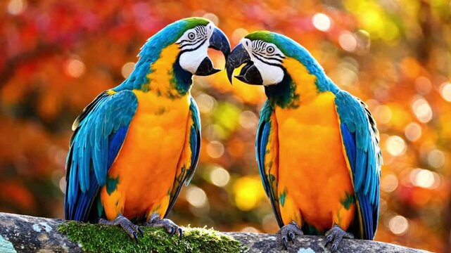 Two blueandgold macaws perch facing each other against a blurred colorful background