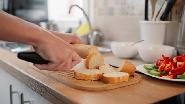 Close-up view of  hands cutting fresh loaf of french baguette bread with knife on wooden cutting board, preparing healthy meal with fresh vegetables in kitchen