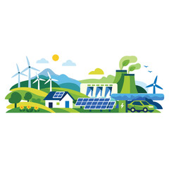 Fototapeta premium Sustainable energy landscape with solar and wind power