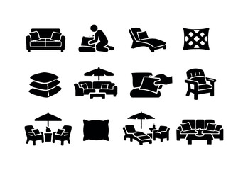 Decorative Pillows Icons. Placing decorative pillows on outdoor seating. Solid icon set of placing decorative pillows on outdoor seating: sofa with cushions,