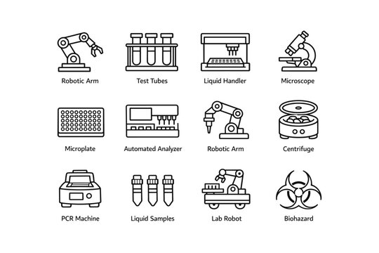 Laboratory equipment icons including robotic arm, microscope, and biohazard symbols