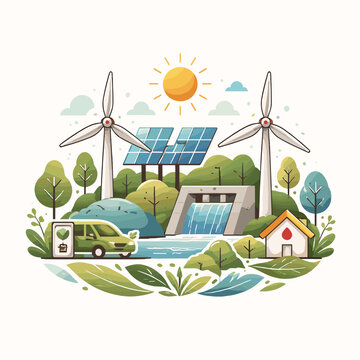 Eco-friendly energy scene with solar and wind resources