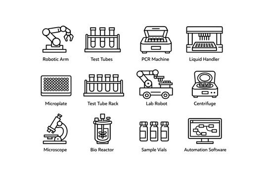 Laboratory equipment icons featuring robotic arm, pcr machine, microscope, and liquid handler