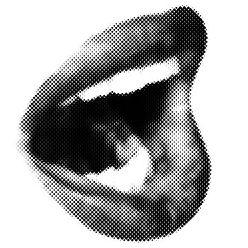 Abstract Halftone Pop Art Illustration of Open Lips or a Screaming Mouth. Vintage dots texture cut-out retro collage element for mixed media design. Vector 
