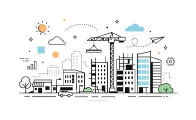 Obraz premium Urban Growth Harmony. City expansion. Growing urban landscape with new buildings rising alongside existing streets, calm sense of development and balance.